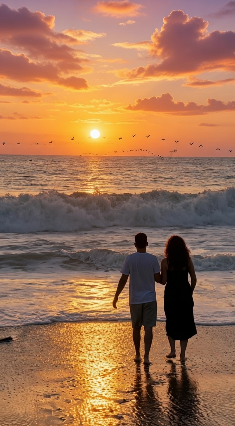 Maxime und Francesca am Strand bei Sonnenuntergang
